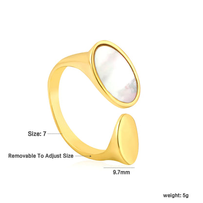 ✨ Wholesale Gold Stainless Steel Open Ring | 9.7mm Smooth Oval with Genuine White Mother-of-Pearl | Adjustable Statement Ring