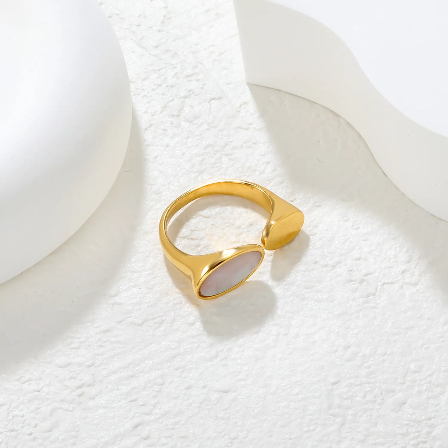 ✨ Wholesale Gold Stainless Steel Open Ring | 9.7mm Smooth Oval with Genuine White Mother-of-Pearl | Adjustable Statement Ring