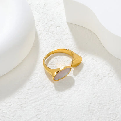 ✨ Wholesale Gold Stainless Steel Open Ring | 9.7mm Smooth Oval with Genuine White Mother-of-Pearl | Adjustable Statement Ring