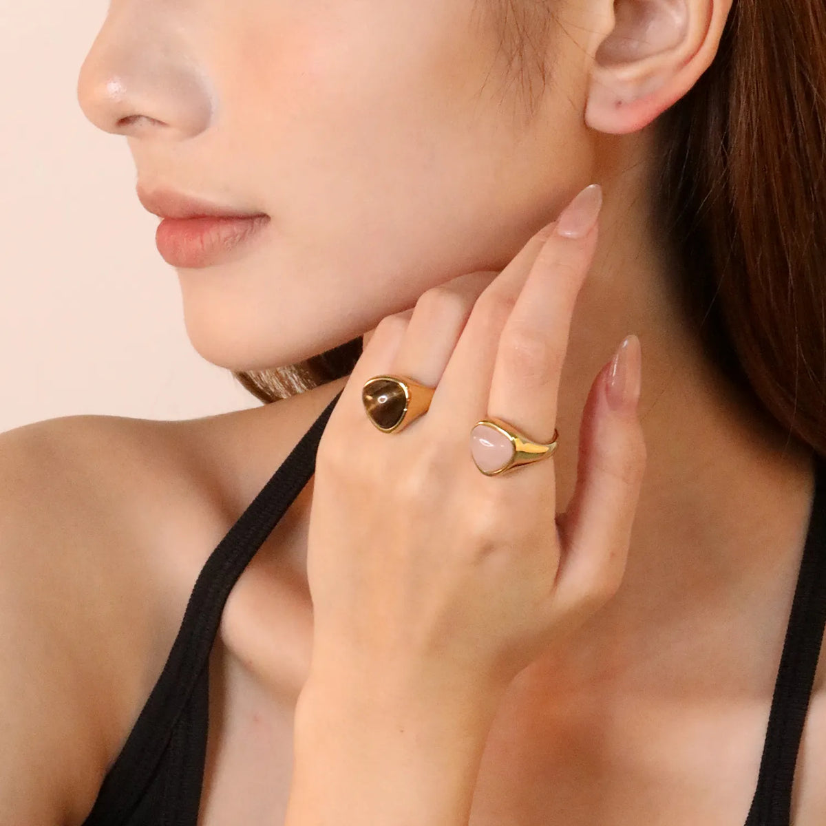 Triangular Pvd 18K Gold PVD 14.5mm High Triangular Tiger's eye stone / Rose quartz ...