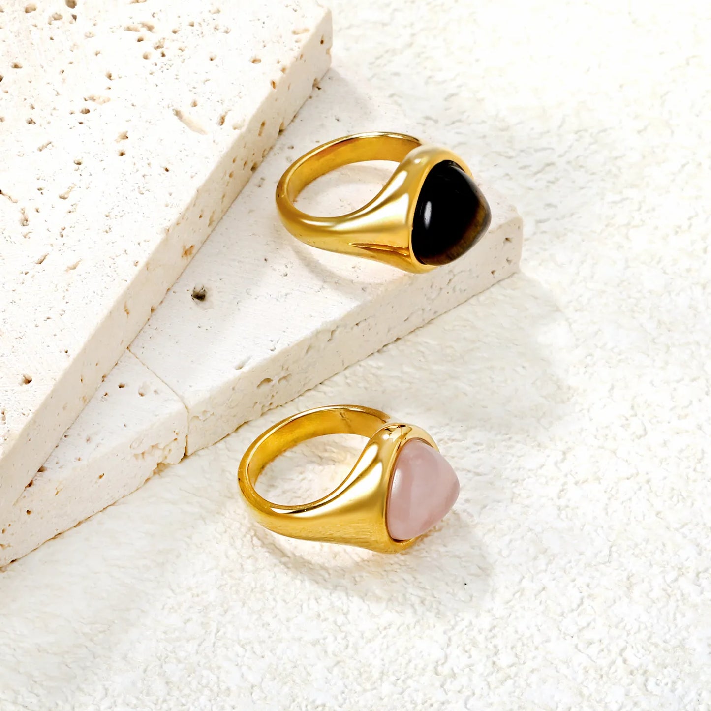 ✨ 18K Gold PVD 14.5mm High Triangular Tiger's eye stone / Rose quartz Rings Wholesale (MOQ 12+) | Stainless Steel Hypoallergenic Bands 🌍 | Stackable & Statement Rings