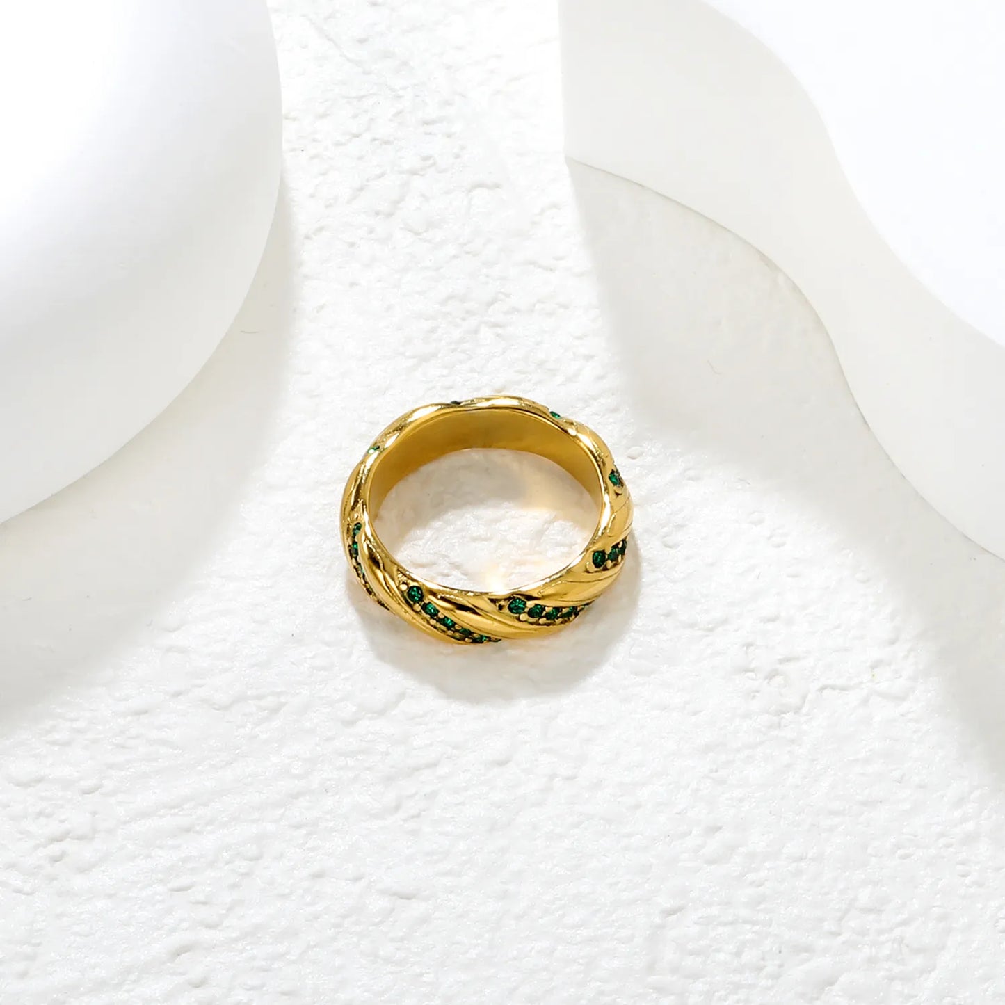 ✨ Wholesale Gold Stainless Steel Brushed Twist Ring | 5mm White/Green Zirconia Stone | Hypoallergenic Statement Ring