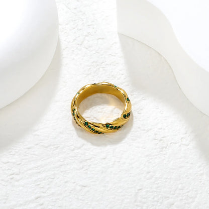 ✨ Wholesale Gold Stainless Steel Brushed Twist Ring | 5mm White/Green Zirconia Stone | Hypoallergenic Statement Ring