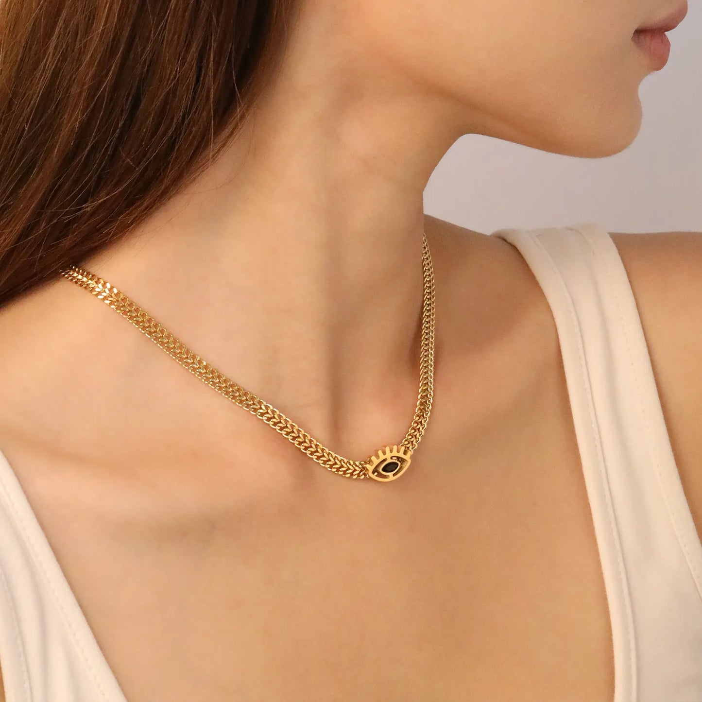 👁️ Wholesale 16.6x10.8mm Evil Eye Pendant Necklace | 5.3mm Chain 40+5cm | Gold Stainless Steel