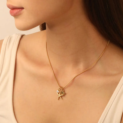 ✨Wholesale Gold Ocean Necklace: 15*20.7mm Starfish + 10.1*11.4mm Shell + 5.6mm Pearl | 1.2mm Snake Chain 40+5cm | Stainless Steel Beach Jewelry Bulk
