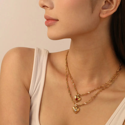 ✨Wholesale Gold Lava Heart Necklace: 15.6*20mm White/Red Crystal Pendant + 3mm Ripple Chain 40+5cm | Stainless Steel Jewelry Bulk