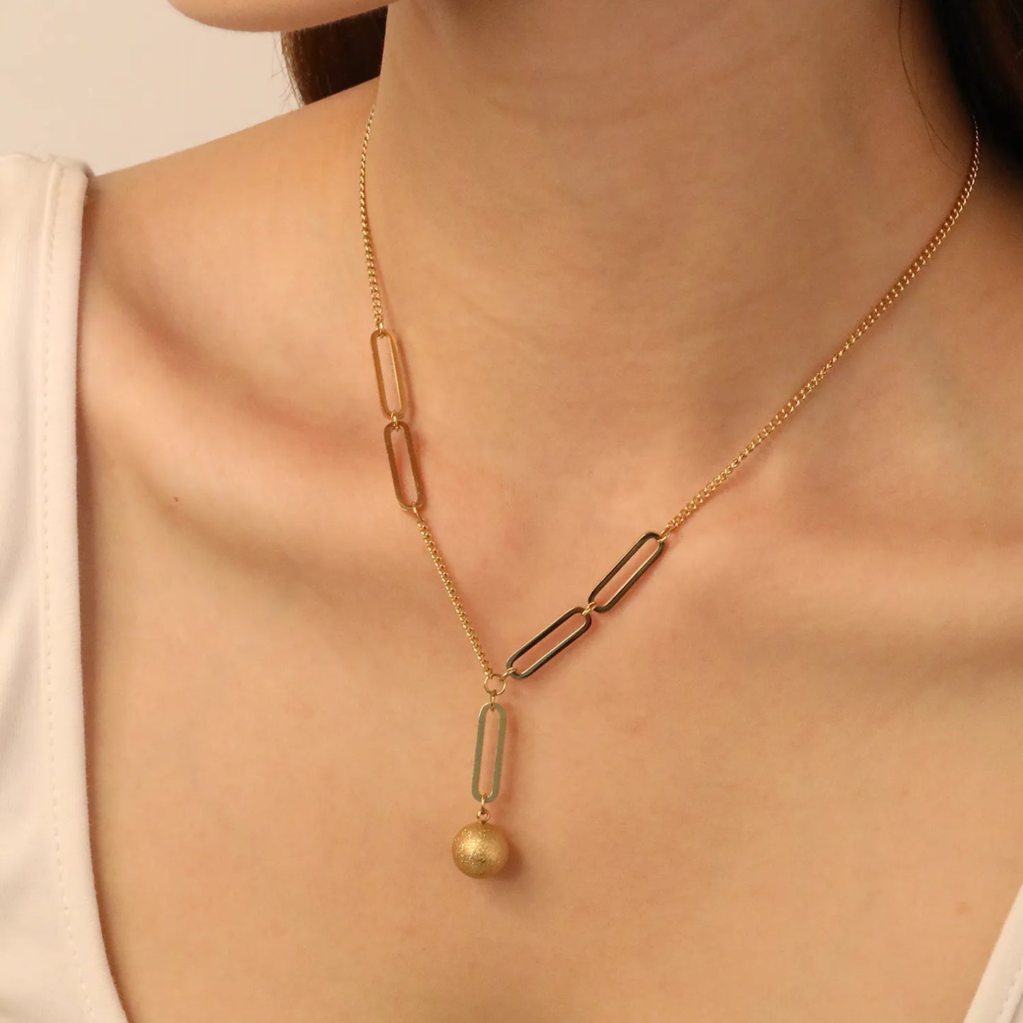 ✨Wholesale Paperclip Chain Necklace: 10mm Sand Bead Pendant + 40+5cm Adjustable | Steel/Gold Stainless Steel Bulk Jewelry