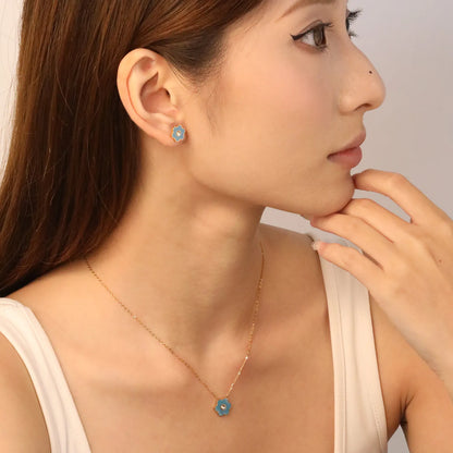 🌸Light Blue Pink Floral Resin Diamond Earrings & Pendant Set Gold Stainless Steel Studs + 40cm Chain | Wholesale Boho Jewelry