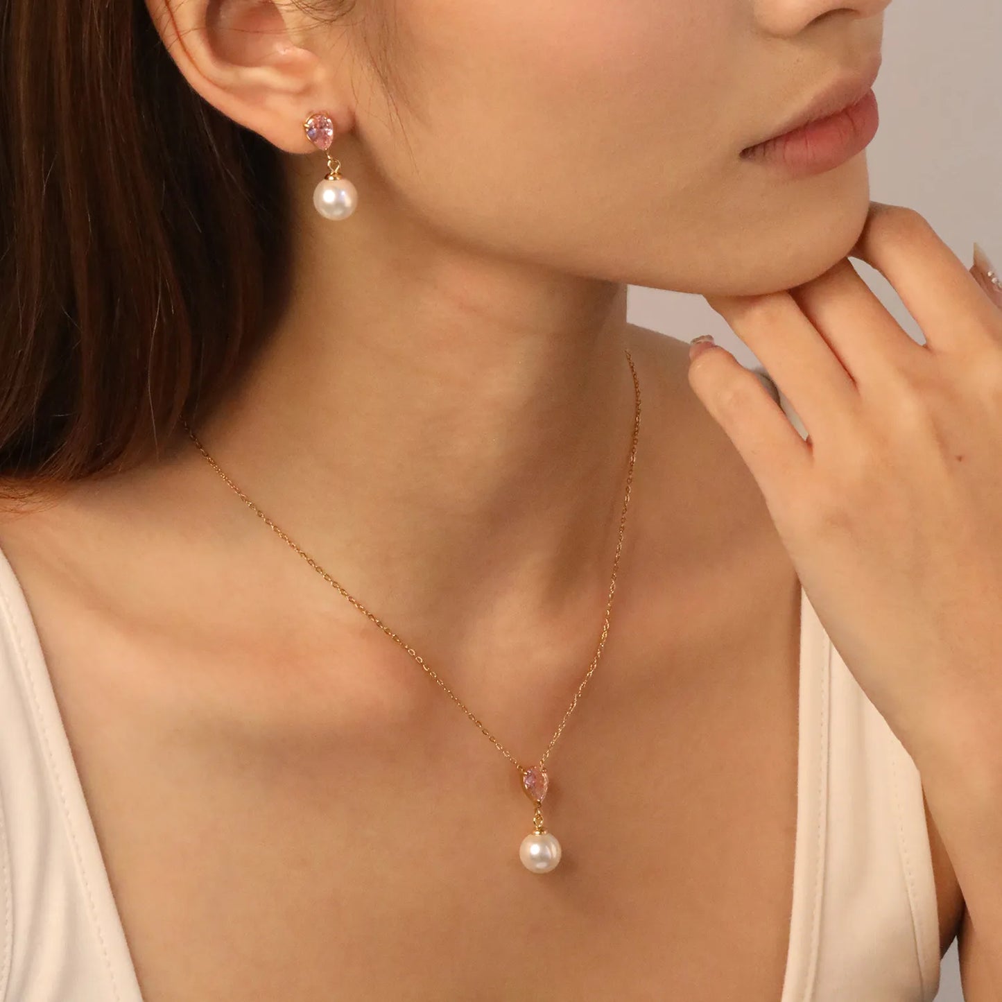 ✨💎 Teardrop Zirconia & Pearl Set: Earrings + Pendant | Gold Stainless Steel Jewelry Wholesale