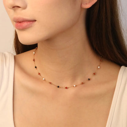 ✨ Wholesale Gold Beaded Necklace w/ 2mm Steel Beads + 3.2mm Stones & 10x3mm Tag | 40+5cm | Stainless Steel
