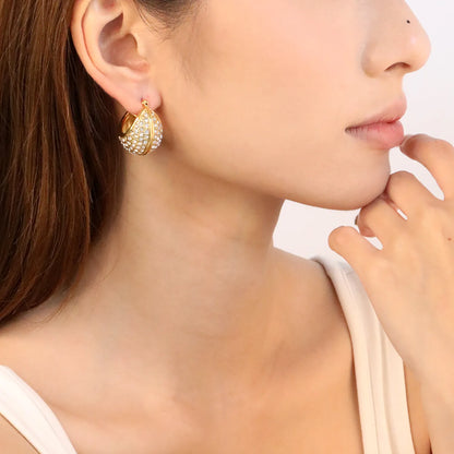 ✨Gold Boat Earrings w/ White Crystals | 25x21mm Stainless Steel Studs | Wholesale Bulk