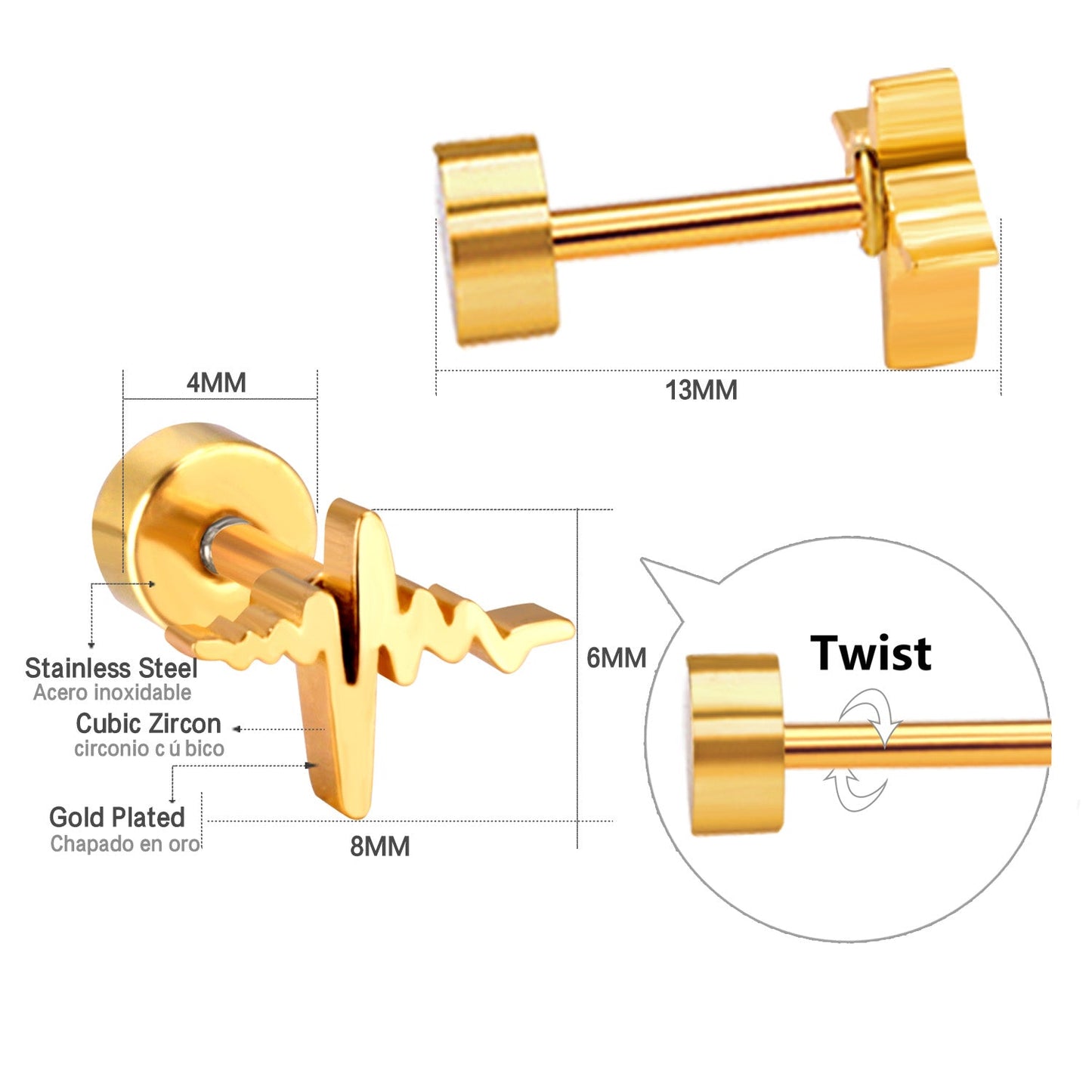 12 pairs Steel/Gold Current Screwback Earrings without Drill