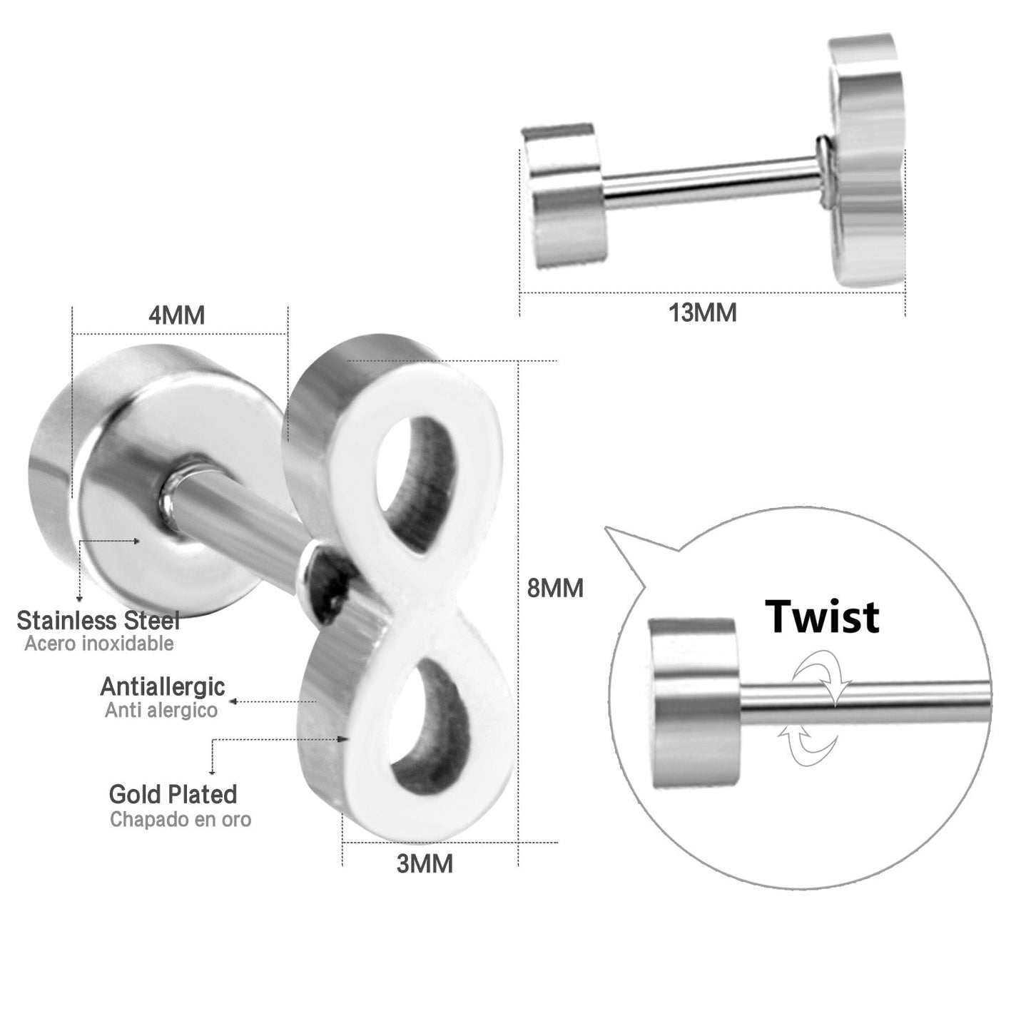 12 pairs Steel/Gold Frosted Screw In Stud Earrings without Diamonds