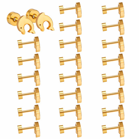 12 pairs Dolphin Shape Steel Goldtone Screwback Stud Earrings