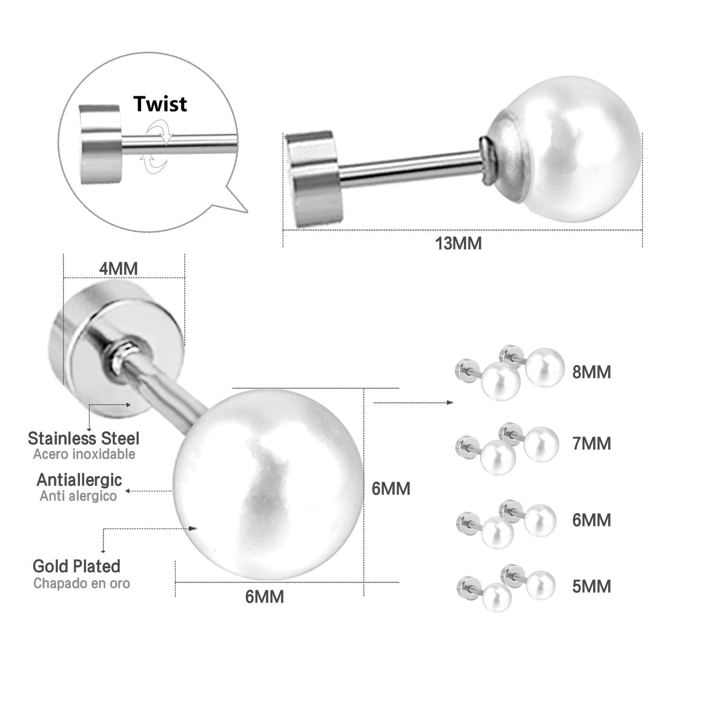 4~8mm steel color/golden white pearl screw plugs
