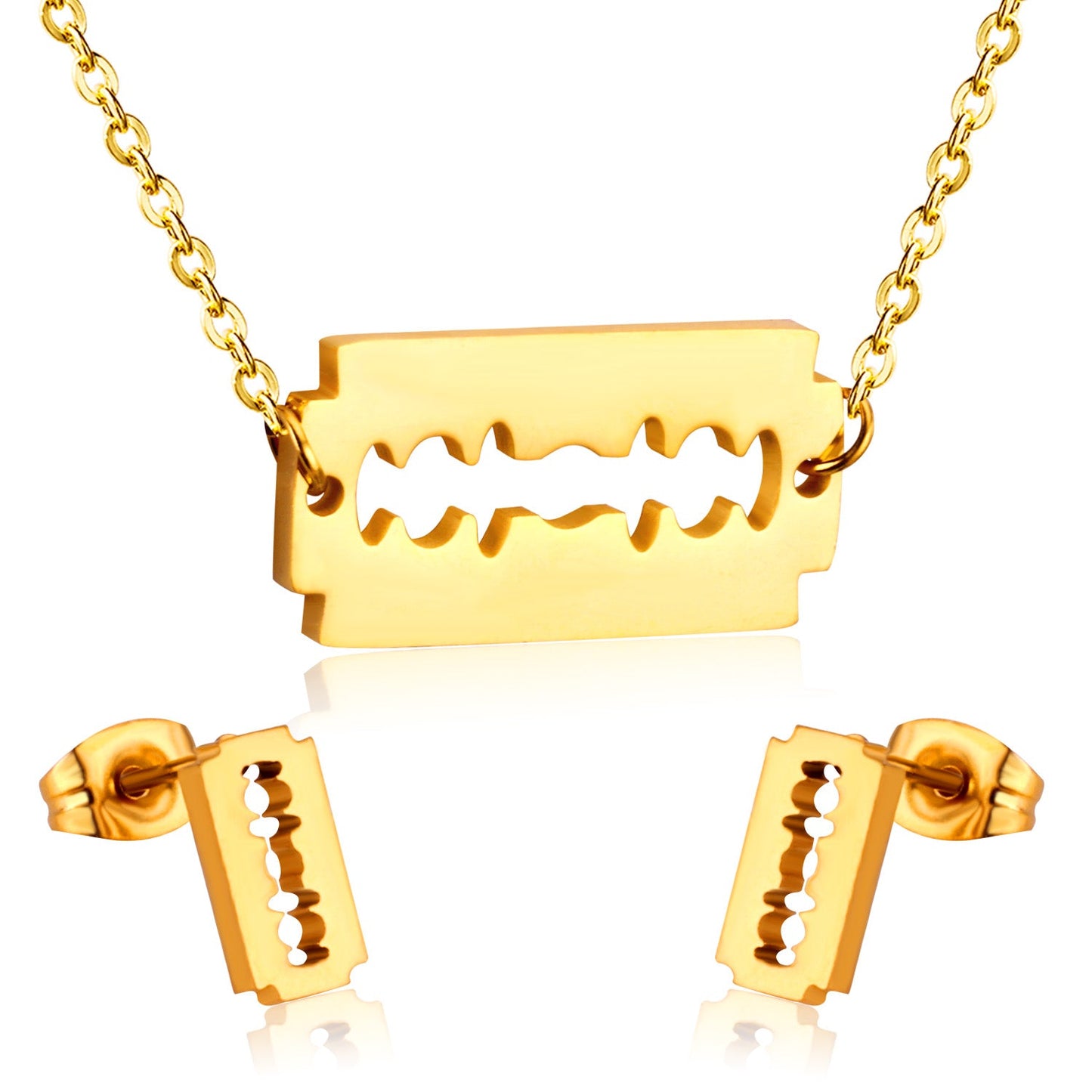 Steel/Gold Smooth Cut Center Irregular Wisps Jewelry Set without Diamonds