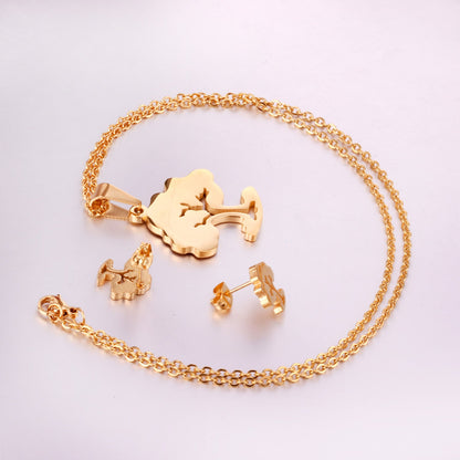 Steel/golden hollow faceted large tree cut jewelry set without diamonds