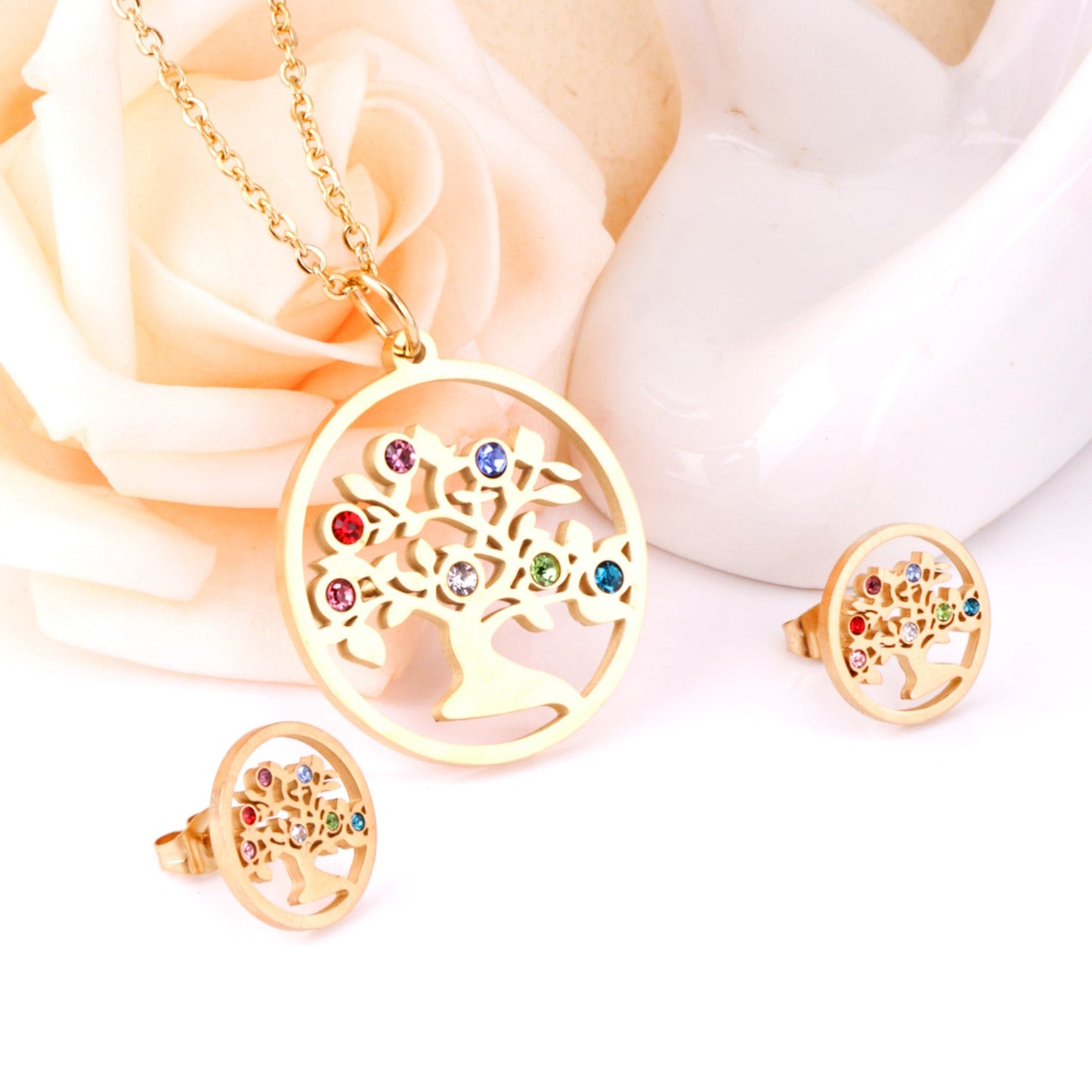 Steel/golden lush tree with many colors diamonds cut set with mixed diamonds