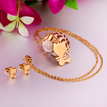 Steel/Gold Faceted Cat Standing Shape Jewelry Set without Diamonds