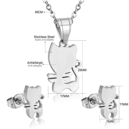 Steel/Gold Faceted Cat Standing Shape Jewelry Set without Diamonds