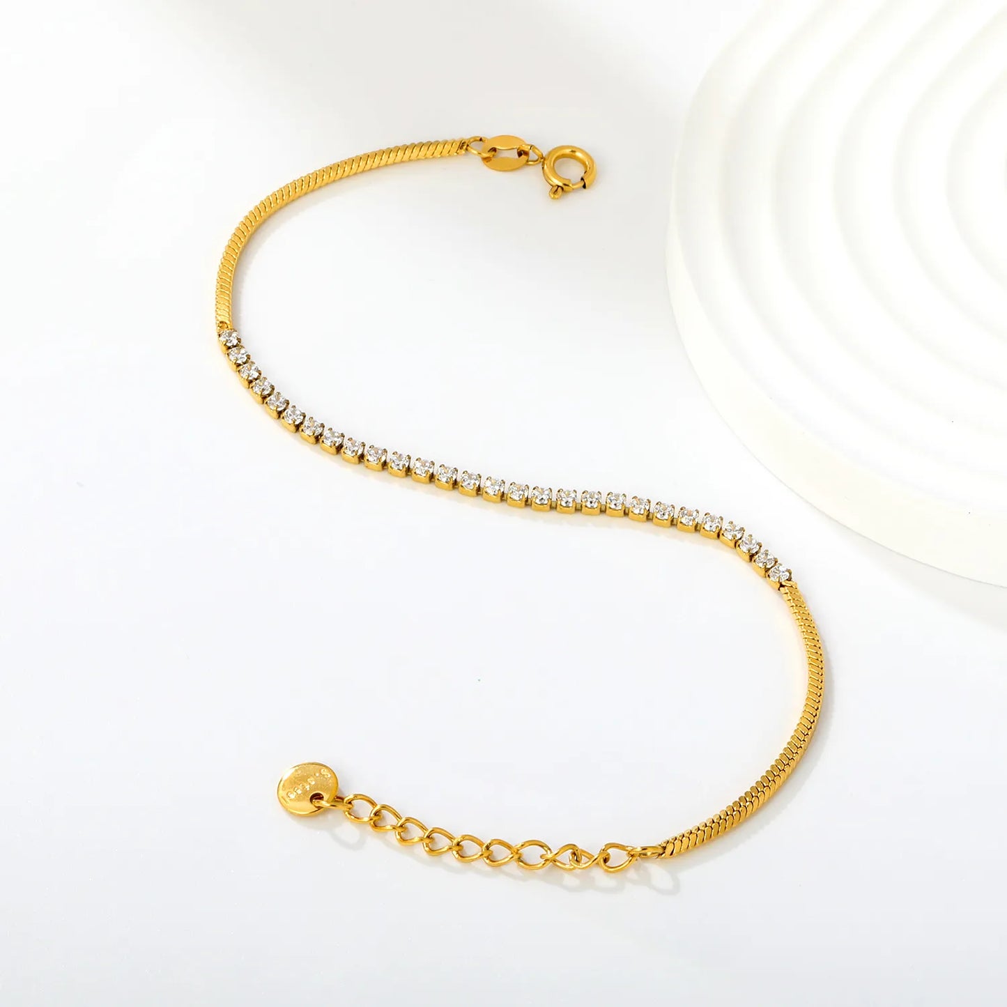Snake Chain Spliced CZ Tennis Dainty Bracelet | 18K Gold Plated Stainless Steel Jewelry for Wholesale