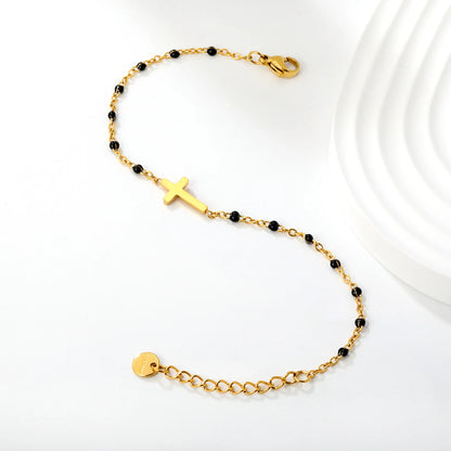 Cross Charm Enamel Station Bracelet | Blue/Black/Purple Color | 18K Gold Plated Stainless Steel for Bulk Order