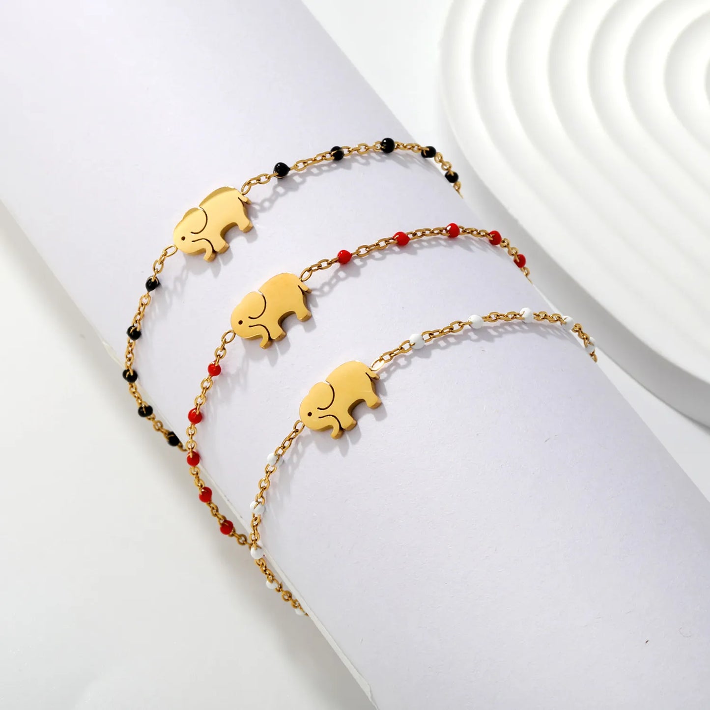 Wholesale Elephant Charm Enamel Station Bracelet | Black/White/Red Beads