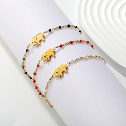 Wholesale Elephant Charm Enamel Station Bracelet | Black/White/Red Beads