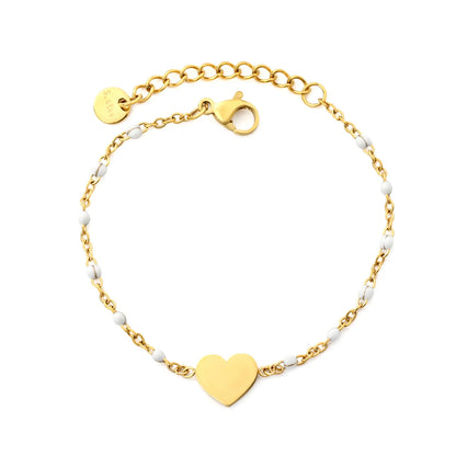 Solid Heart Enamel Station Bracelet | White/Red/Black Enamel Beads | 18K Gold Plated Stainless Steel Dainty Bracelet Wholesale