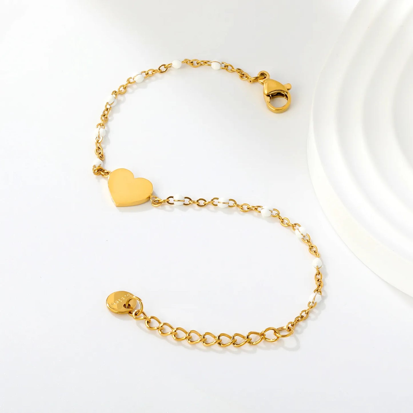 Solid Heart Enamel Station Bracelet | White/Red/Black Enamel Beads | 18K Gold Plated Stainless Steel Dainty Bracelet Wholesale