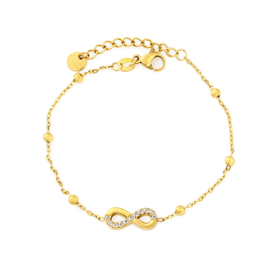CZ‑Pavé Infinity Symbol Beaded Station Bracelet | 18K Gold Plated Stainless Steel Dainty Bracelet for Wholesale
