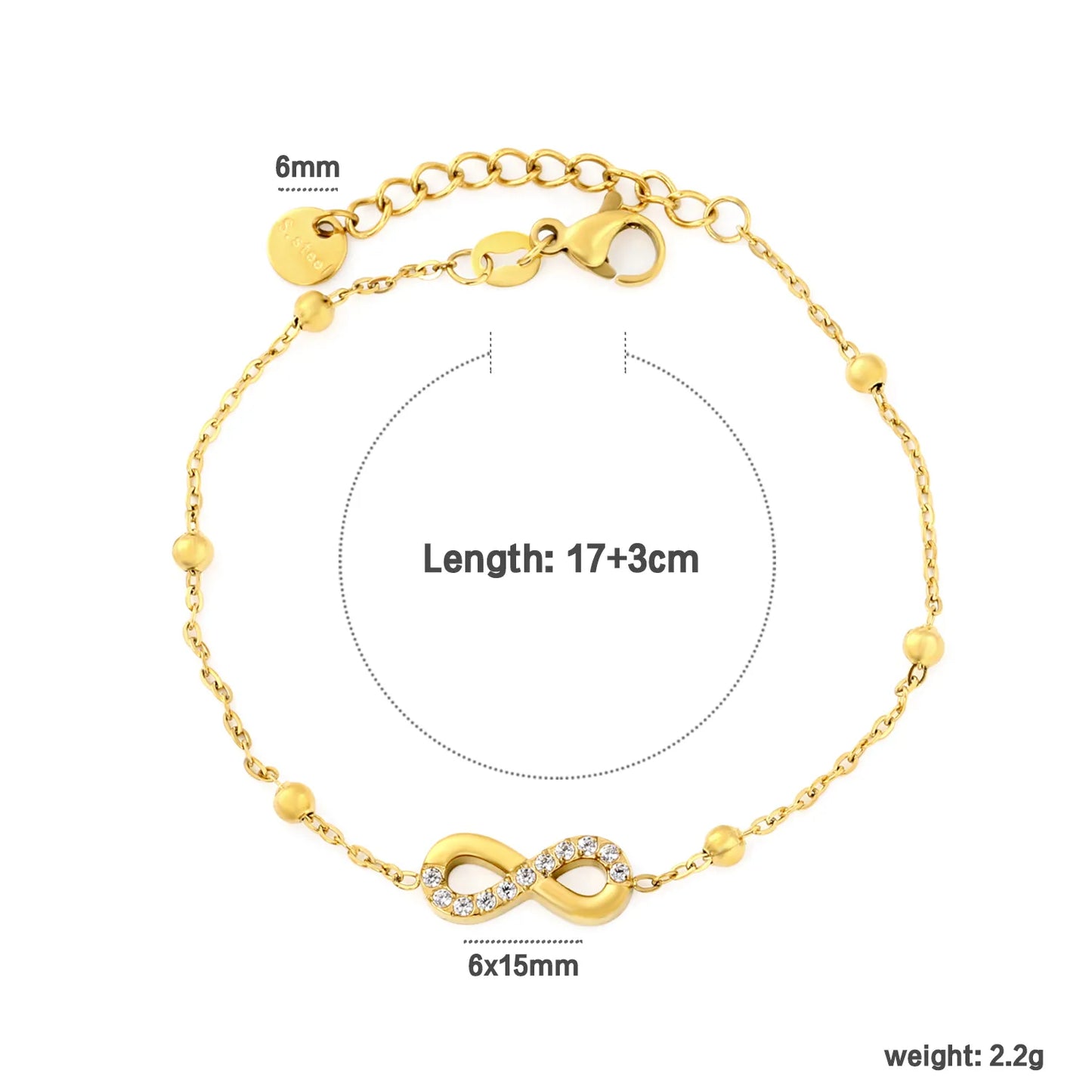 CZ‑Pavé Infinity Symbol Beaded Station Bracelet | 18K Gold Plated Stainless Steel Dainty Bracelet for Wholesale
