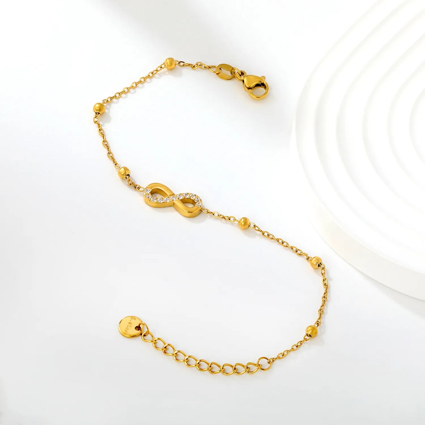 CZ‑Pavé Infinity Symbol Beaded Station Bracelet | 18K Gold Plated Stainless Steel Dainty Bracelet for Wholesale