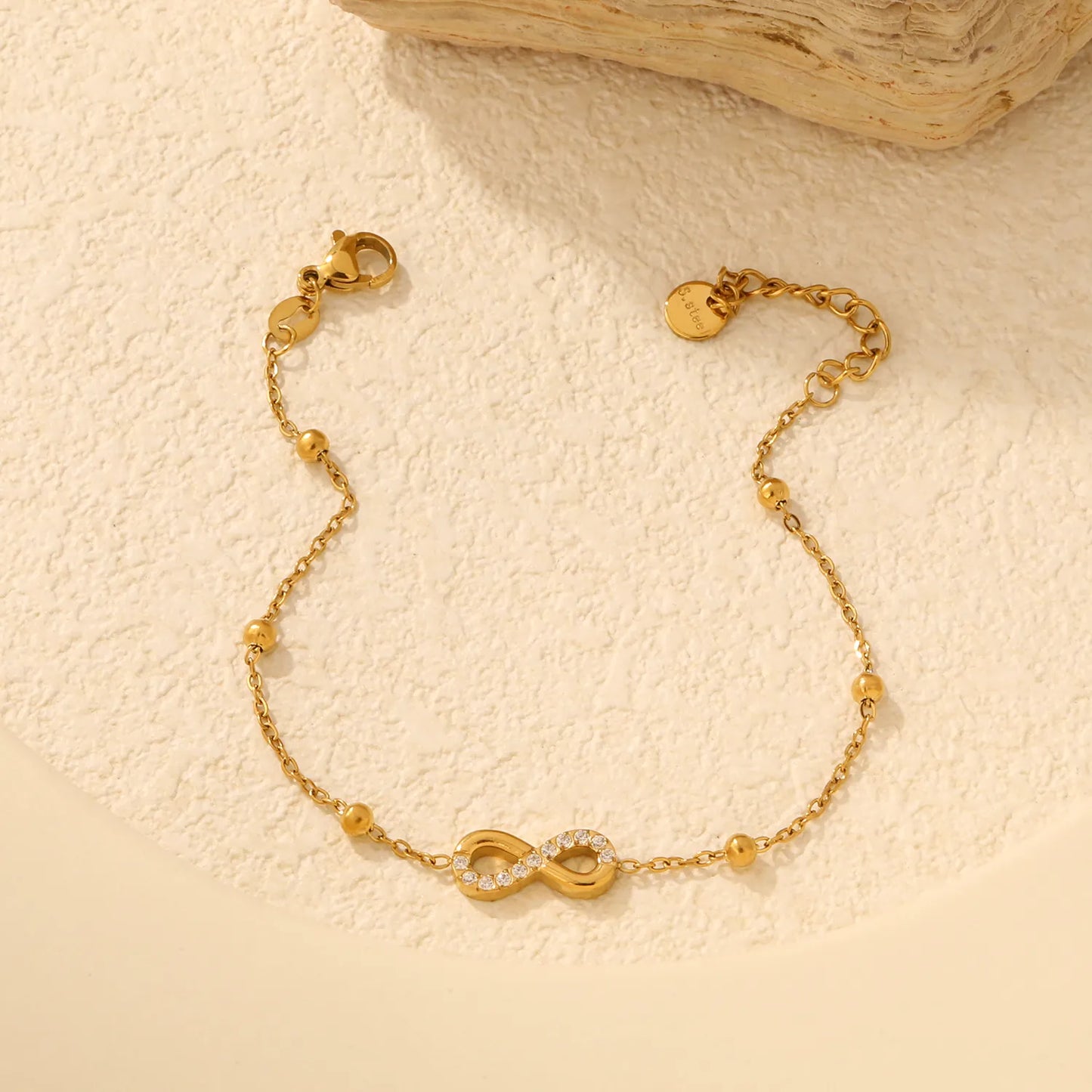 CZ‑Pavé Infinity Symbol Beaded Station Bracelet | 18K Gold Plated Stainless Steel Dainty Bracelet for Wholesale