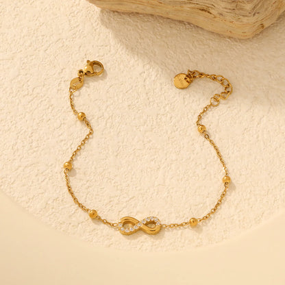 CZ‑Pavé Infinity Symbol Beaded Station Bracelet | 18K Gold Plated Stainless Steel Dainty Bracelet for Wholesale