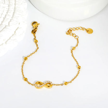 CZ‑Pavé Infinity Symbol Beaded Station Bracelet | 18K Gold Plated Stainless Steel Dainty Bracelet for Wholesale