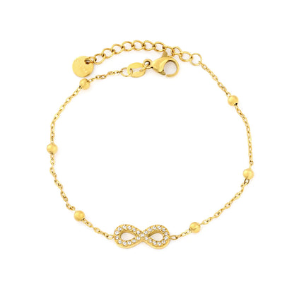 Full Pavé CZ Infinity Symbol Beaded Station Bracelet | 18K Gold Plated Stainless Steel | Bulk Order MOQ 12