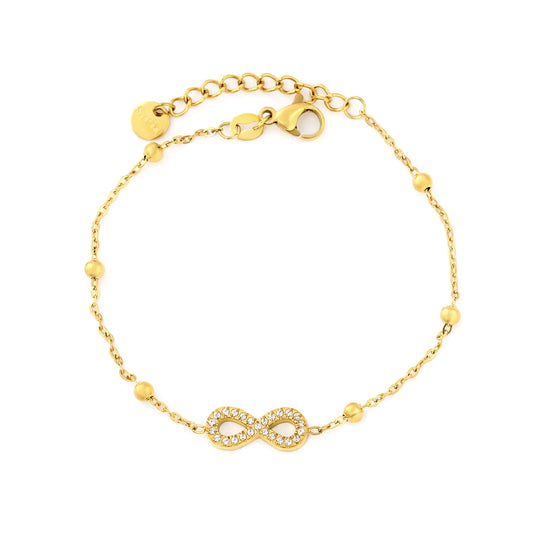 Full Pavé CZ Infinity Symbol Beaded Station Bracelet | 18K Gold Plated Stainless Steel | Bulk Order MOQ 12