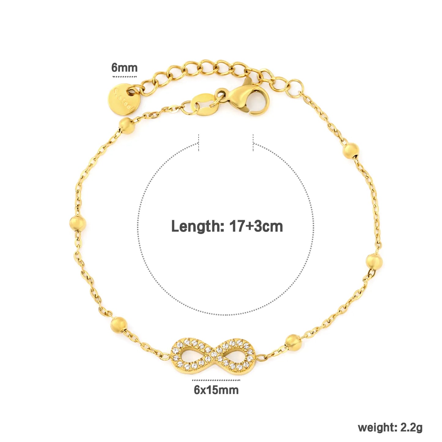 Full Pavé CZ Infinity Symbol Beaded Station Bracelet | 18K Gold Plated Stainless Steel | Bulk Order MOQ 12