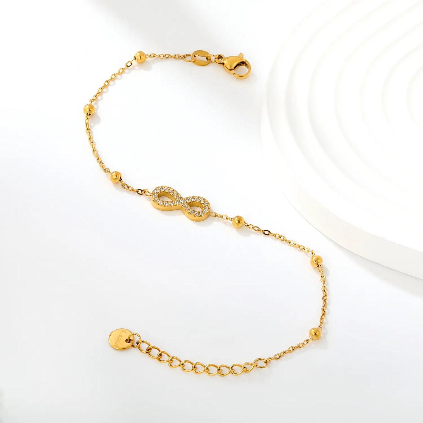 Full Pavé CZ Infinity Symbol Beaded Station Bracelet | 18K Gold Plated Stainless Steel | Bulk Order MOQ 12