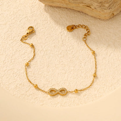 Full Pavé CZ Infinity Symbol Beaded Station Bracelet | 18K Gold Plated Stainless Steel | Bulk Order MOQ 12