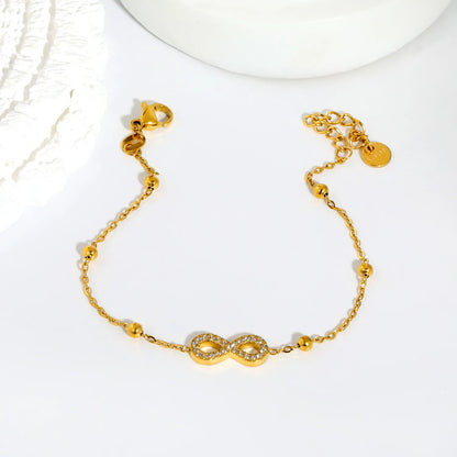Full Pavé CZ Infinity Symbol Beaded Station Bracelet | 18K Gold Plated Stainless Steel | Bulk Order MOQ 12
