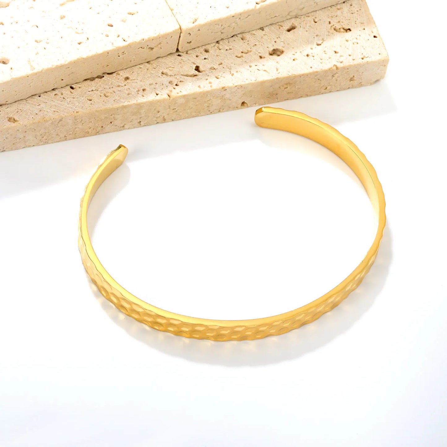 Minimalist Stackable Hammered Textured Open Cuff Bangle | 18K Gold Plated Stainless Jewelry for Bulk Order