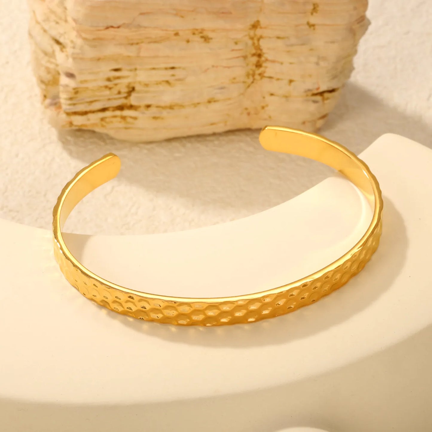 Minimalist Stackable Hammered Textured Open Cuff Bangle | 18K Gold Plated Stainless Jewelry for Bulk Order