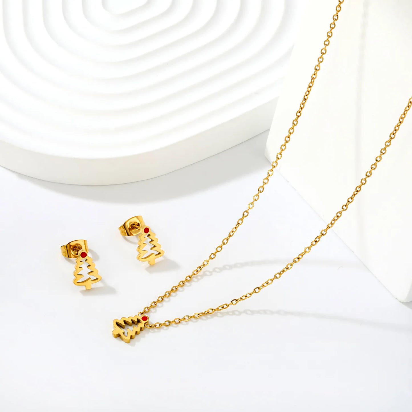 Cut‑Out Christmas Tree Jewelry Set | Enamel Necklace & Stud Earrings | 18K Gold Plated Stainless Steel Jewelry for Wholesale