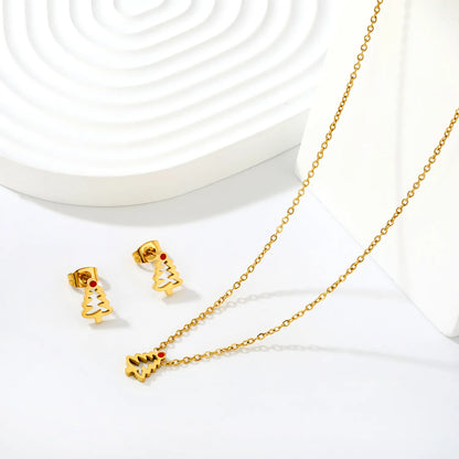 Cut‑Out Christmas Tree Jewelry Set | Enamel Necklace & Stud Earrings | 18K Gold Plated Stainless Steel Jewelry for Wholesale