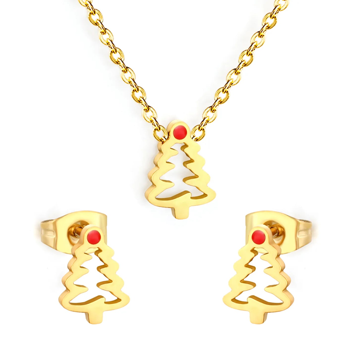 Cut‑Out Christmas Tree Jewelry Set | Enamel Necklace & Stud Earrings | 18K Gold Plated Stainless Steel Jewelry for Wholesale
