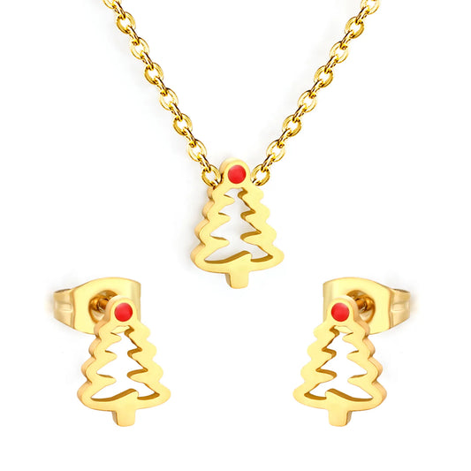 Cut‑Out Christmas Tree Jewelry Set | Enamel Necklace & Stud Earrings | 18K Gold Plated Stainless Steel Jewelry for Wholesale