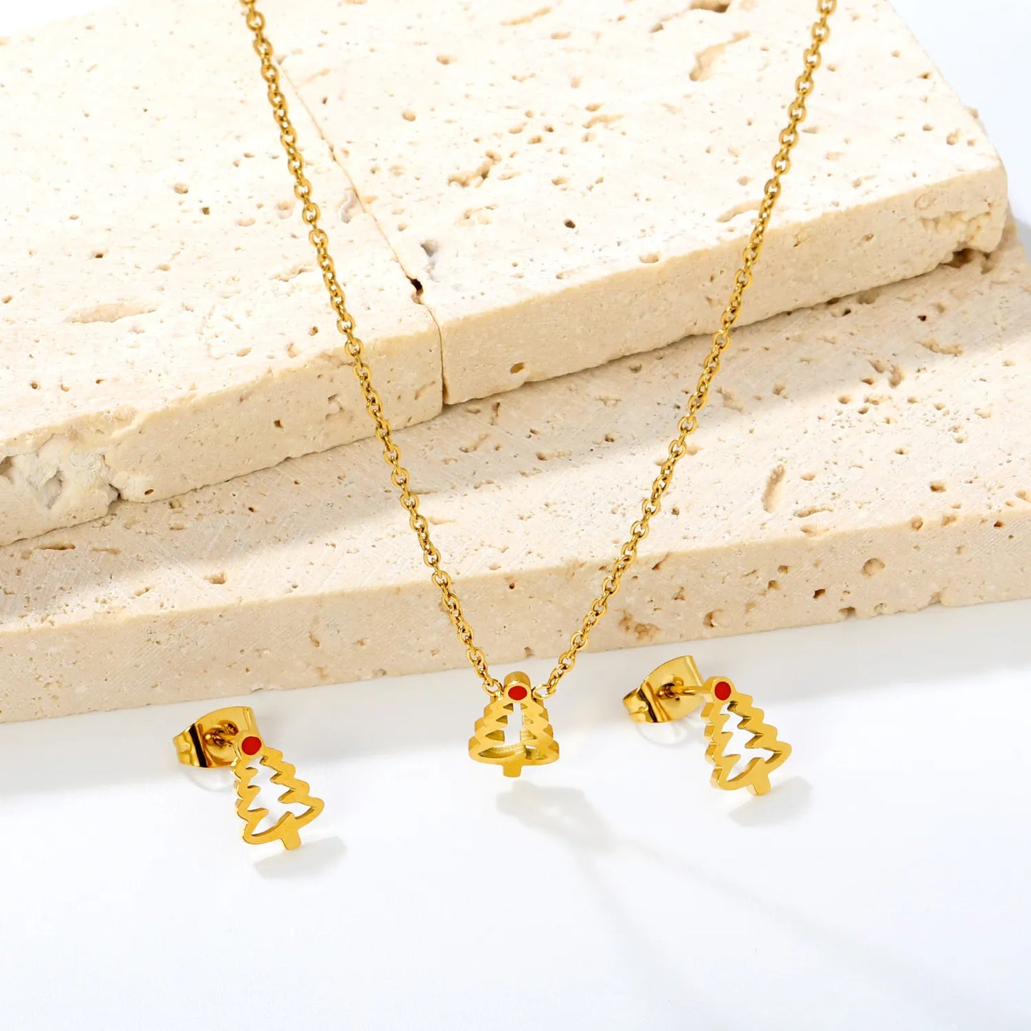 Cut‑Out Christmas Tree Jewelry Set | Enamel Necklace & Stud Earrings | 18K Gold Plated Stainless Steel Jewelry for Wholesale