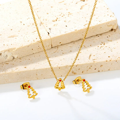 Cut‑Out Christmas Tree Jewelry Set | Enamel Necklace & Stud Earrings | 18K Gold Plated Stainless Steel Jewelry for Wholesale